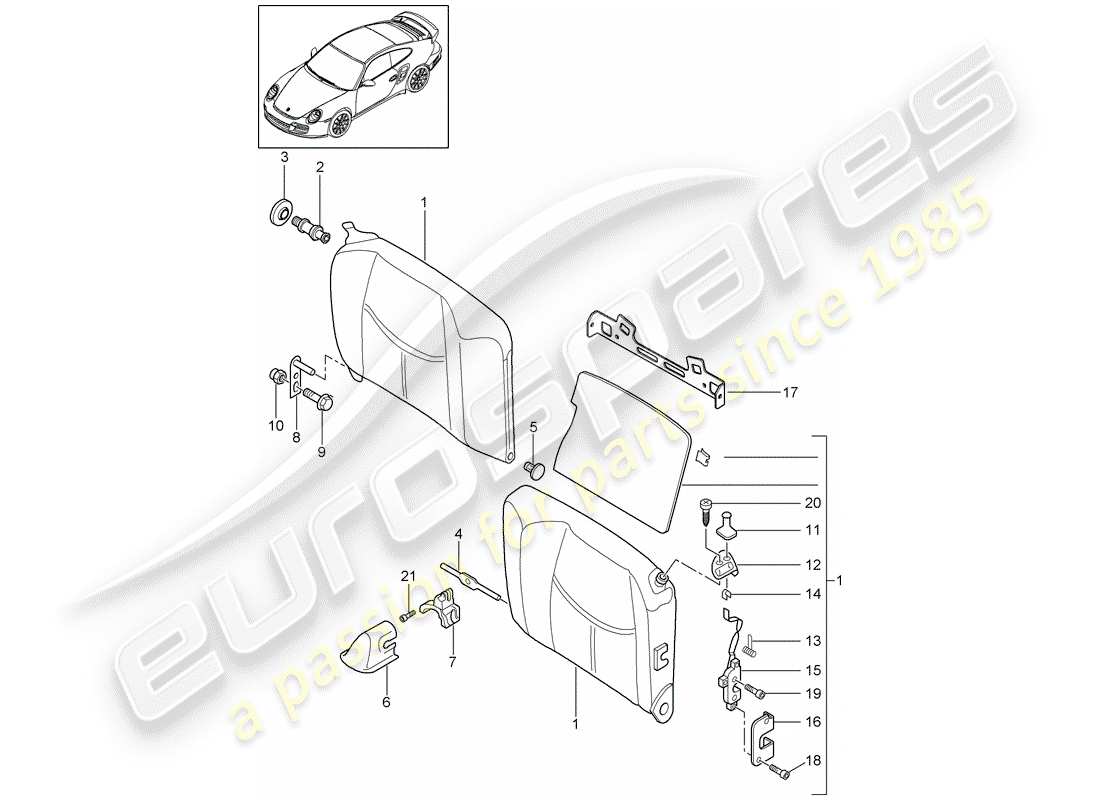 porsche 2008 (997-1 turbo / gt2) emergency seat backrest part diagram