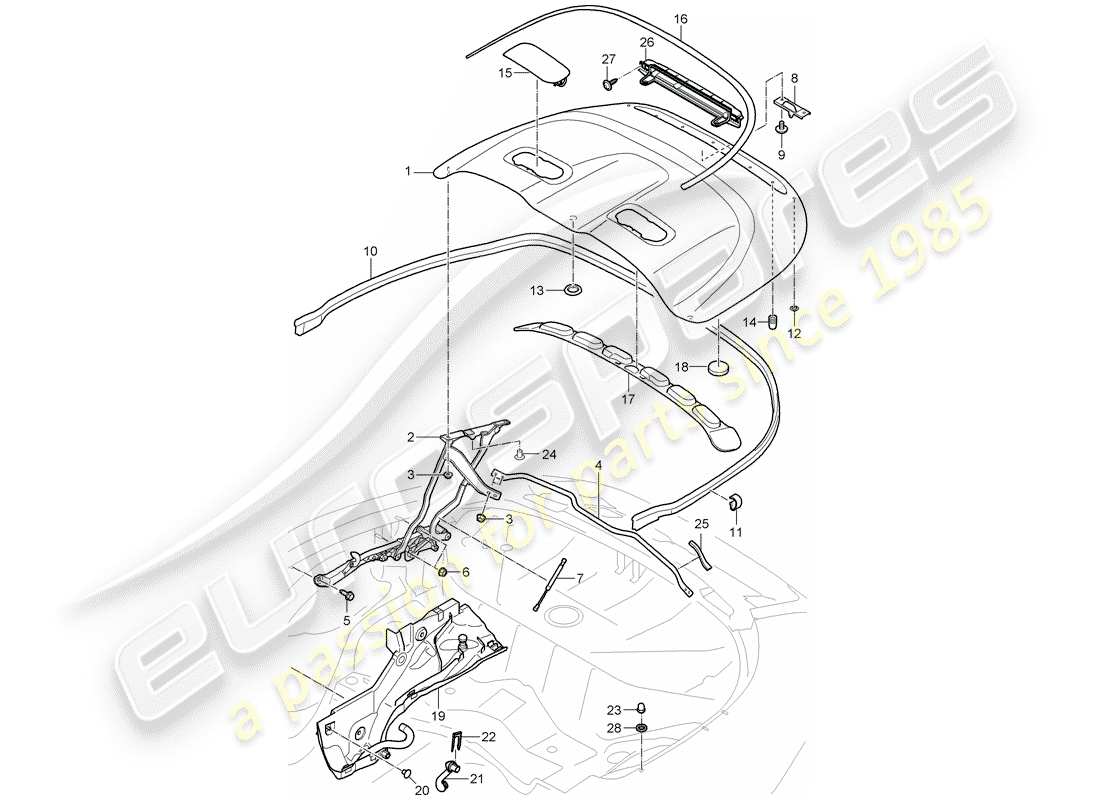 porsche 997 gen. 2 (2011) top stowage box parts diagram