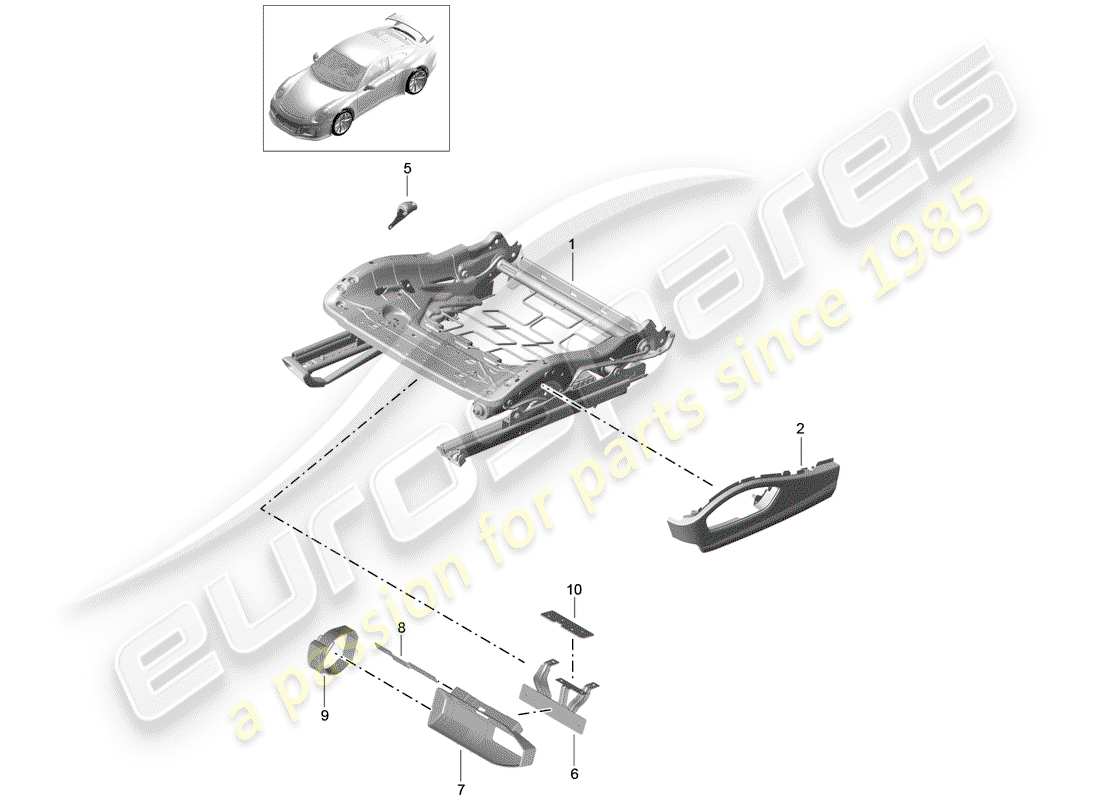 porsche 2014 (991-1 r/gt3/rs) seat frame part diagram
