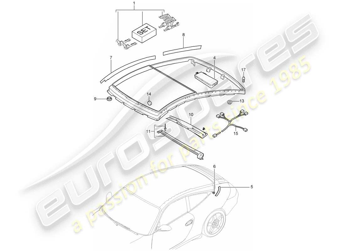 porsche 2010 (997-2) glass roof part diagram