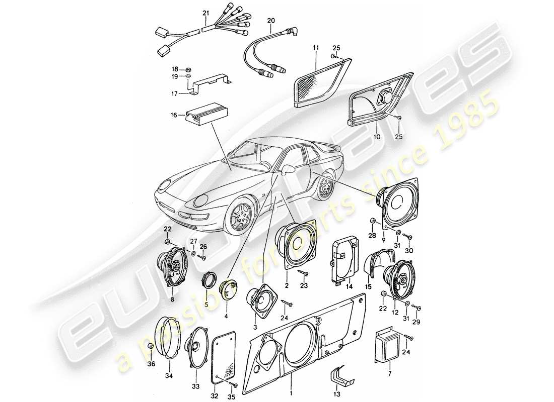 porsche 1994 (968) loudspeaker - sound system - amplifier - d >> - mj 1993 part diagram