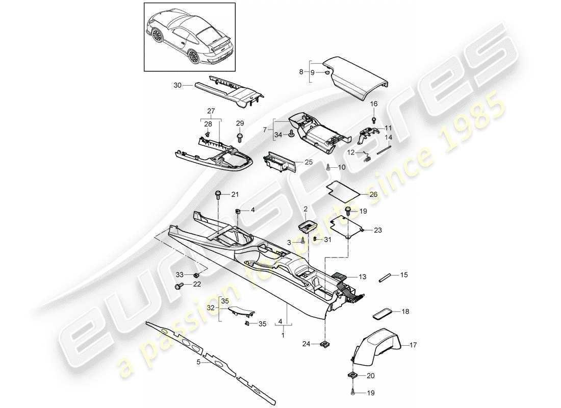 porsche 2010 (997-2 gt3) center console part diagram