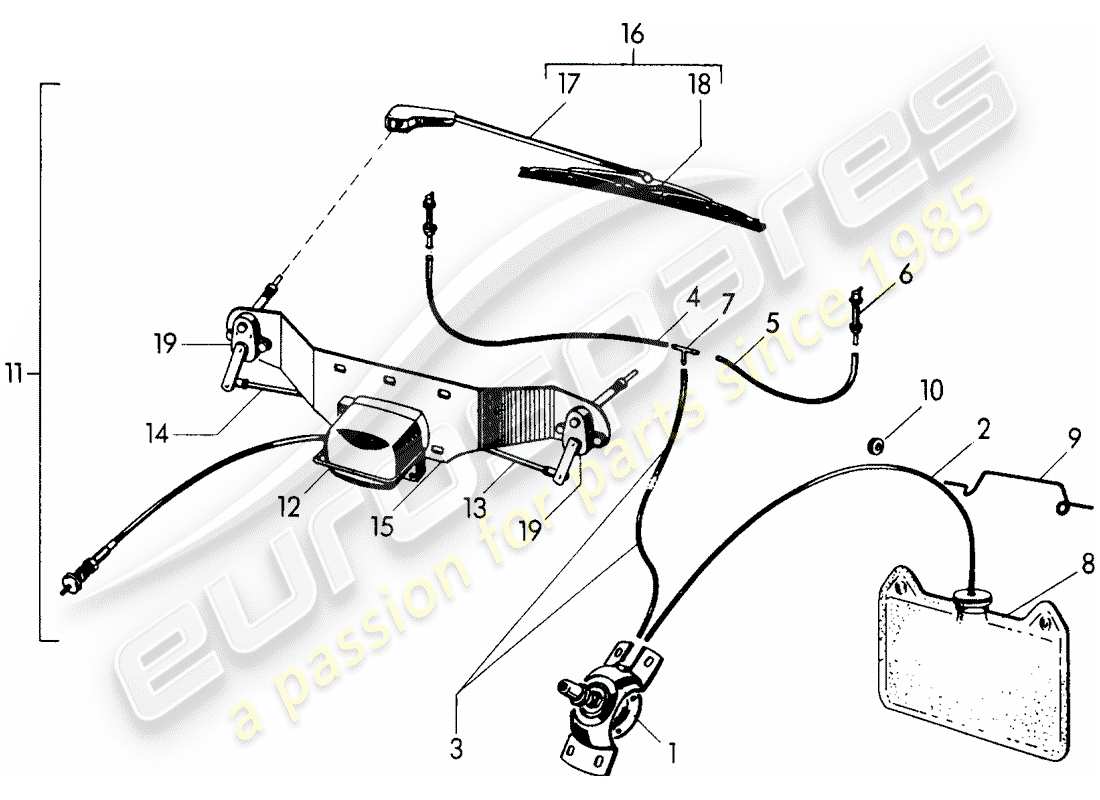 porsche 1955 (356/356a) windshield washer unit - windscreen wiper system part diagram