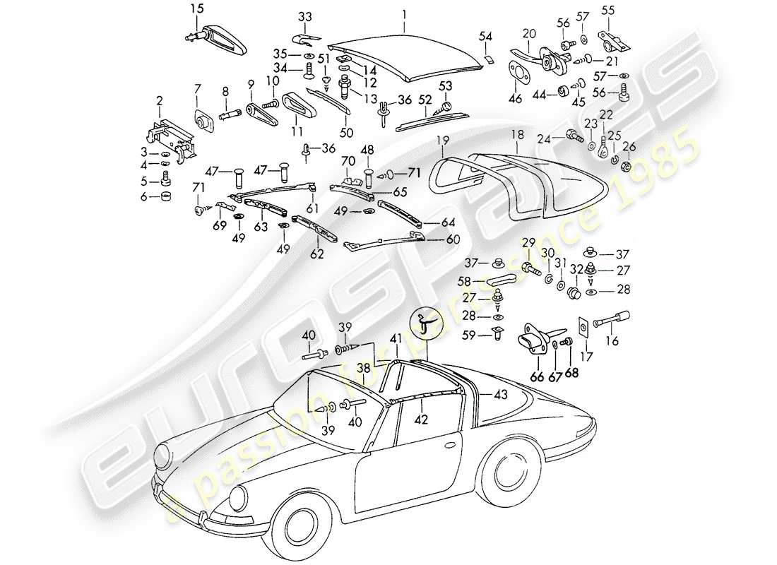porsche 1970 (911) roof part diagram
