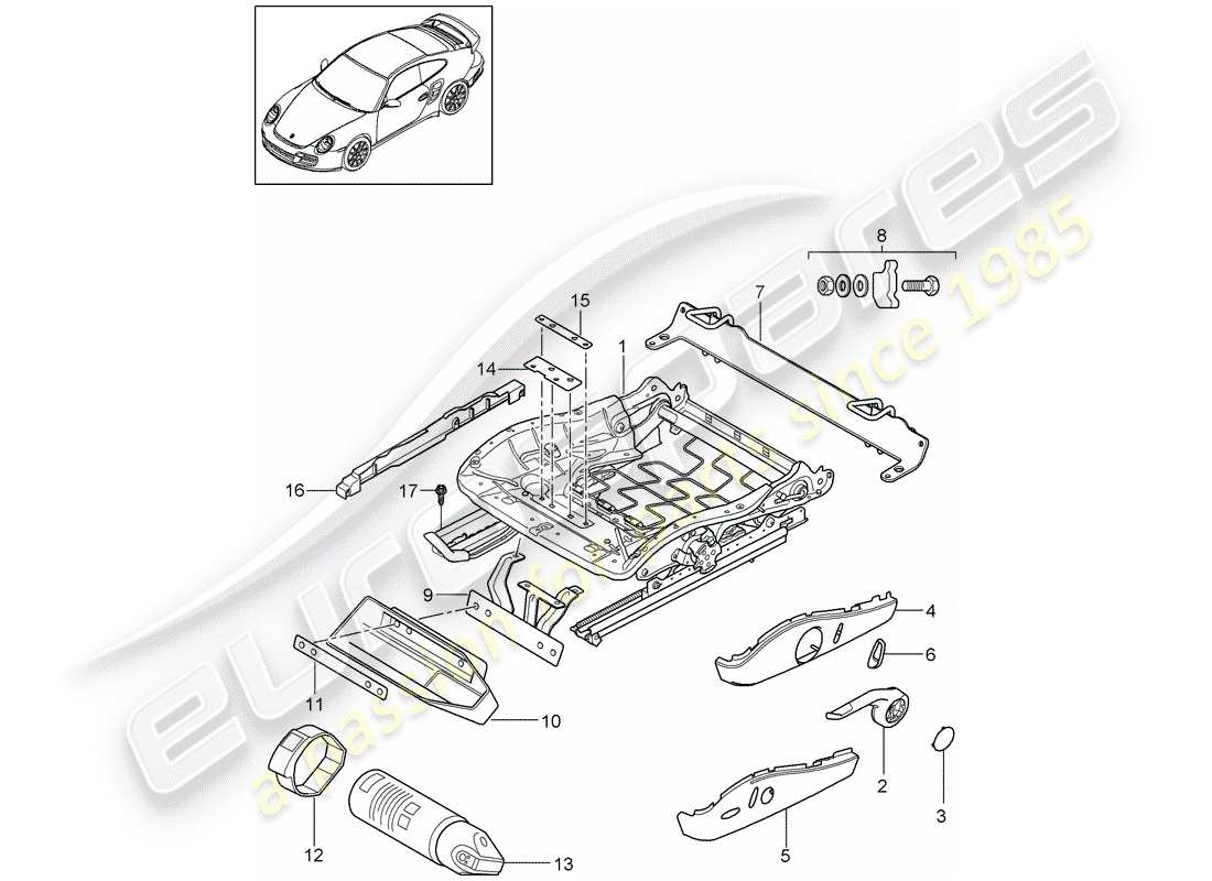 porsche 911 t/gt2rs (2013) seat frame parts diagram