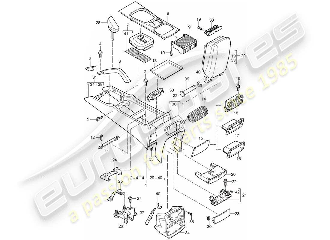 porsche 2003 (cayenne e1 9pa) center console part diagram