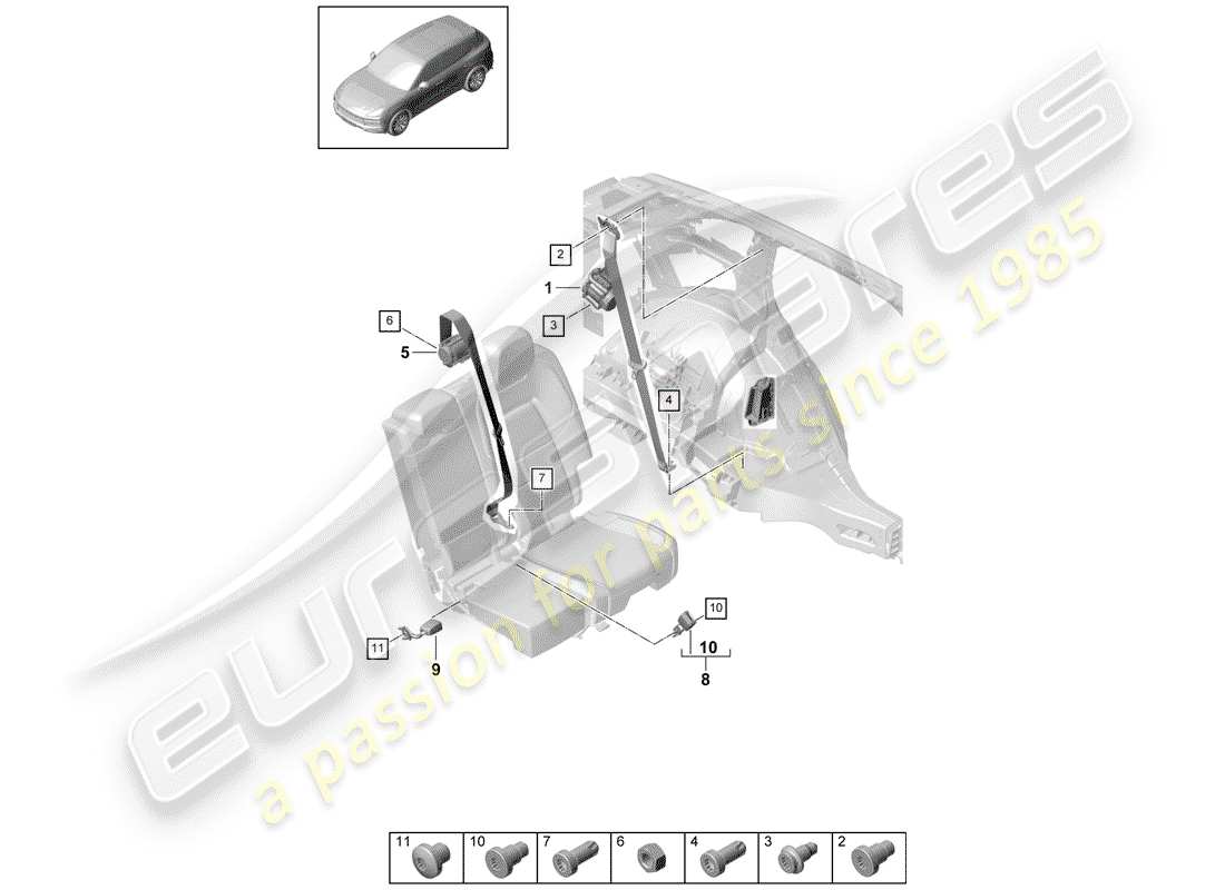 porsche 2018 (cayenne e3 9ya/9yb) three-point seat belt part diagram