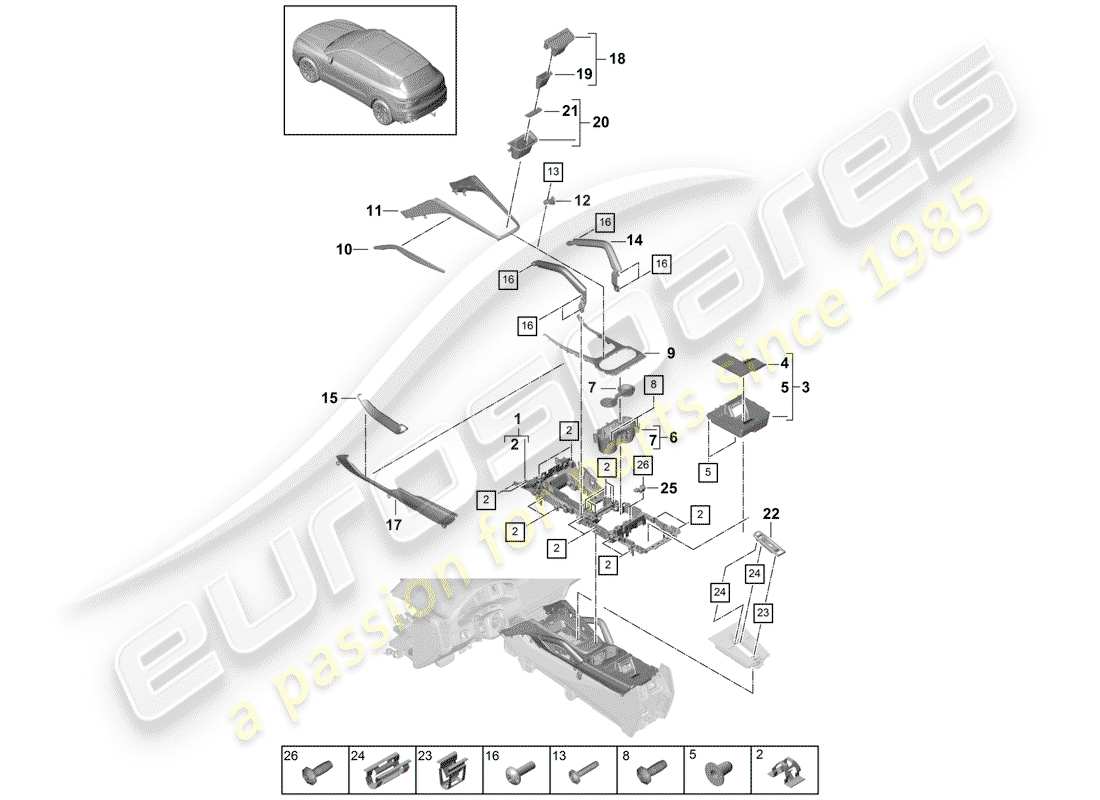 porsche 2018 (cayenne e3 9ya/9yb) center console part diagram