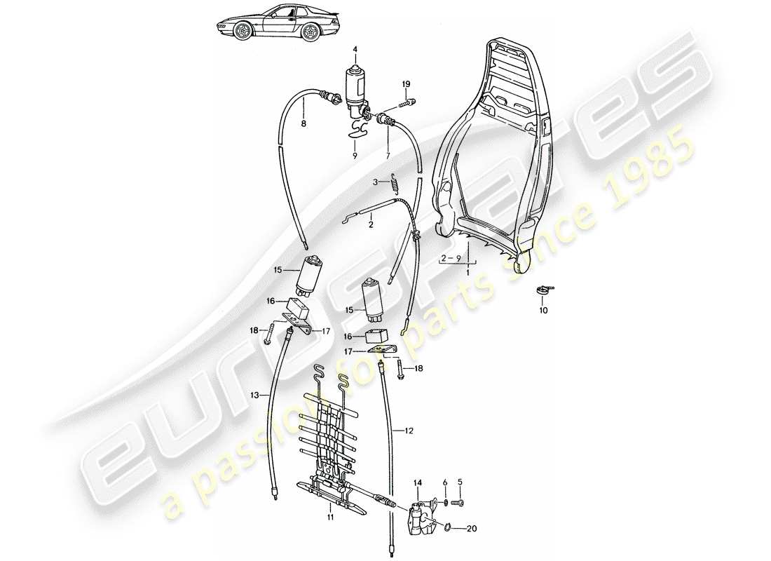 porsche seat 944/968/911/928 (1998) backrest frame - electric - manually - lumbar support - d - mj 1992>> - mj 1995 parts diagram