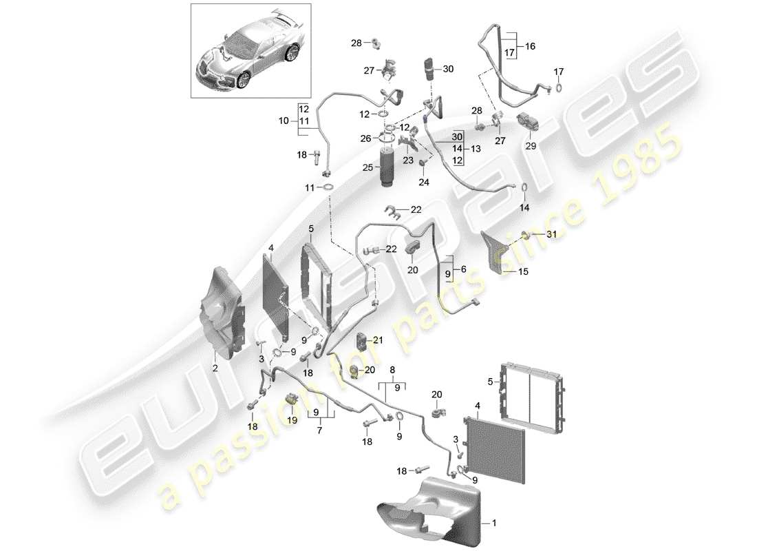 porsche 991r/gt3/rs (2018) refrigerant circuit part diagram
