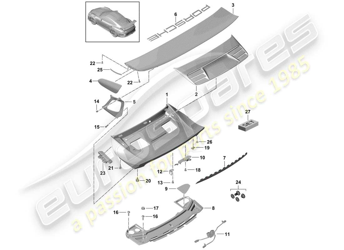 porsche 2018 (991-2 r/gt3/rs) rear trunk lid part diagram