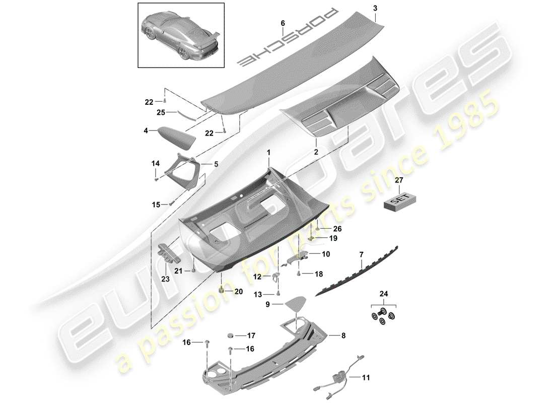 porsche 991r/gt3/rs (2018) rear trunk lid part diagram