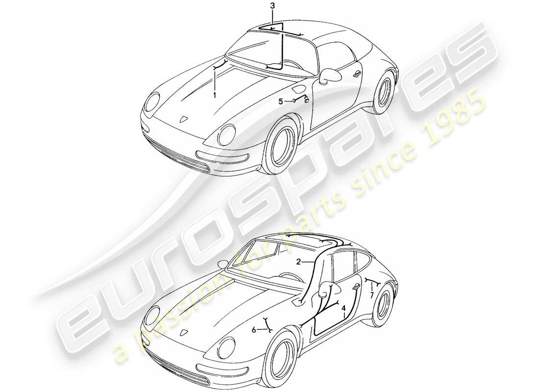 porsche 1996 (993) wiring harnesses - luggage compartment lamp - sunroof - convertible top control - driver's door - passenger's door - turn signal repeater - anti-locking brake syst. -abs- part diagram