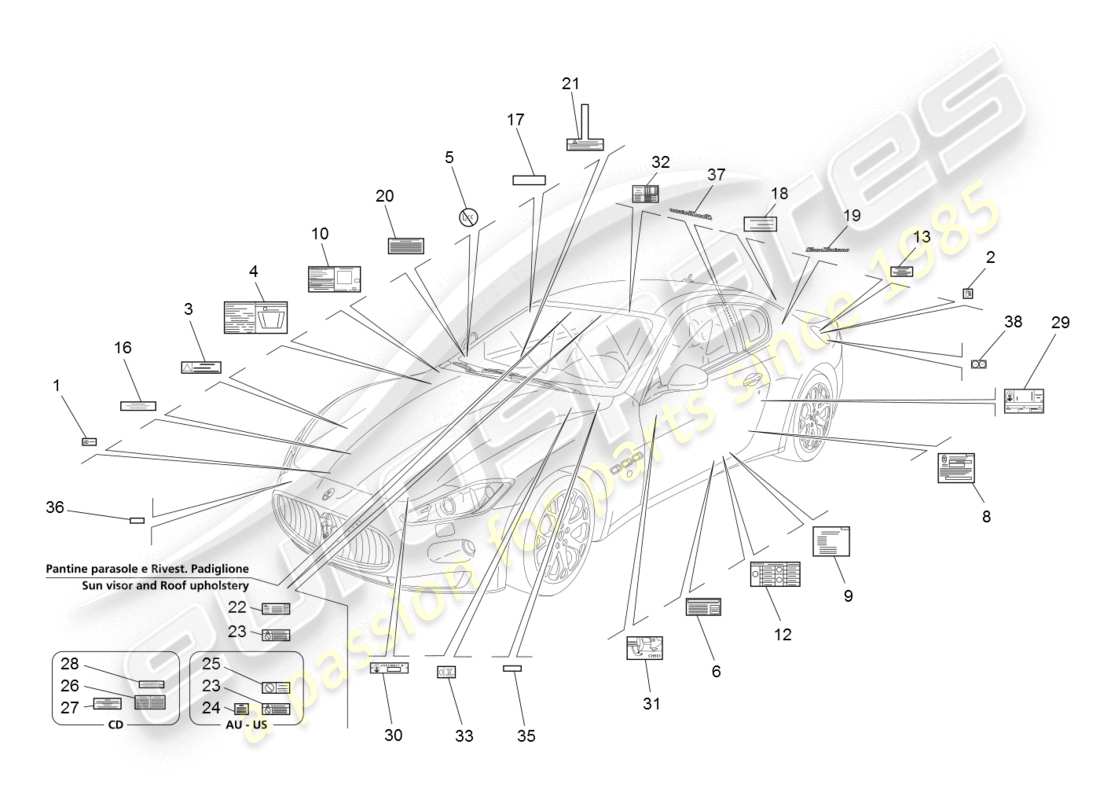 maserati granturismo (2008) stickers and labels parts diagram