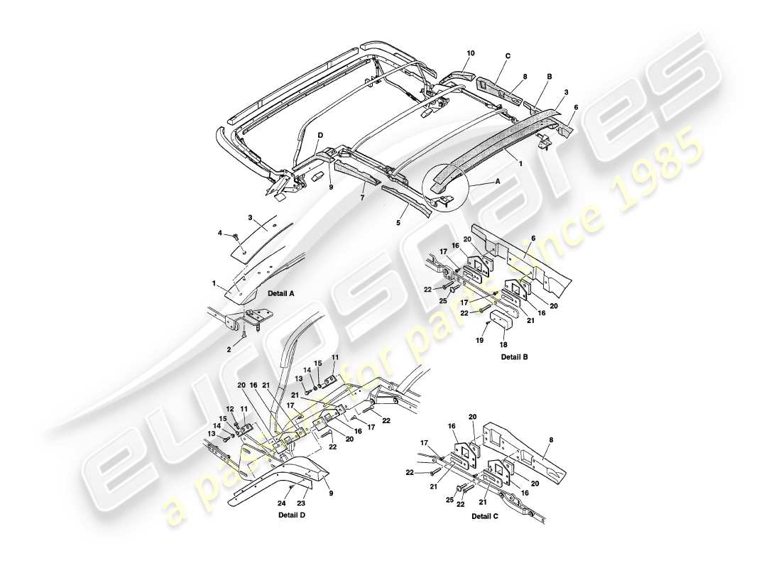 aston martin v8 volante (1999) hood frame woods part diagram