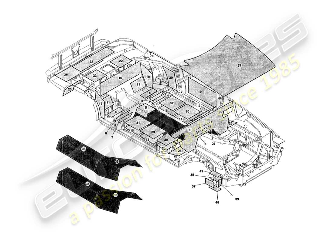 aston martin v8 volante (1999) sound deadening part diagram