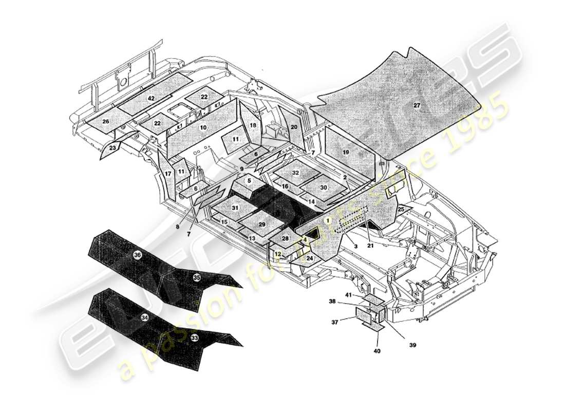 aston martin v8 volante (1998) sound deadening parts diagram