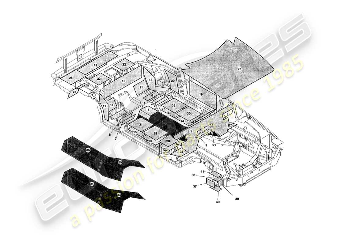 aston martin v8 volante (1997) sound deadening part diagram