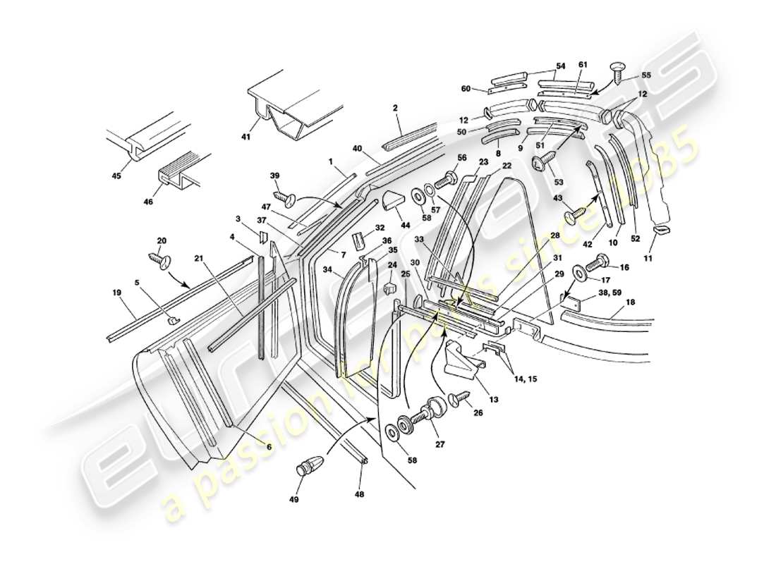 aston martin v8 volante (1998) weather seals parts diagram