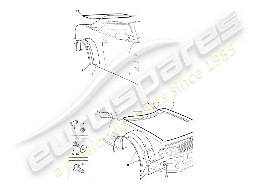 aston martin v8 volante (1998) weather seals parts diagram