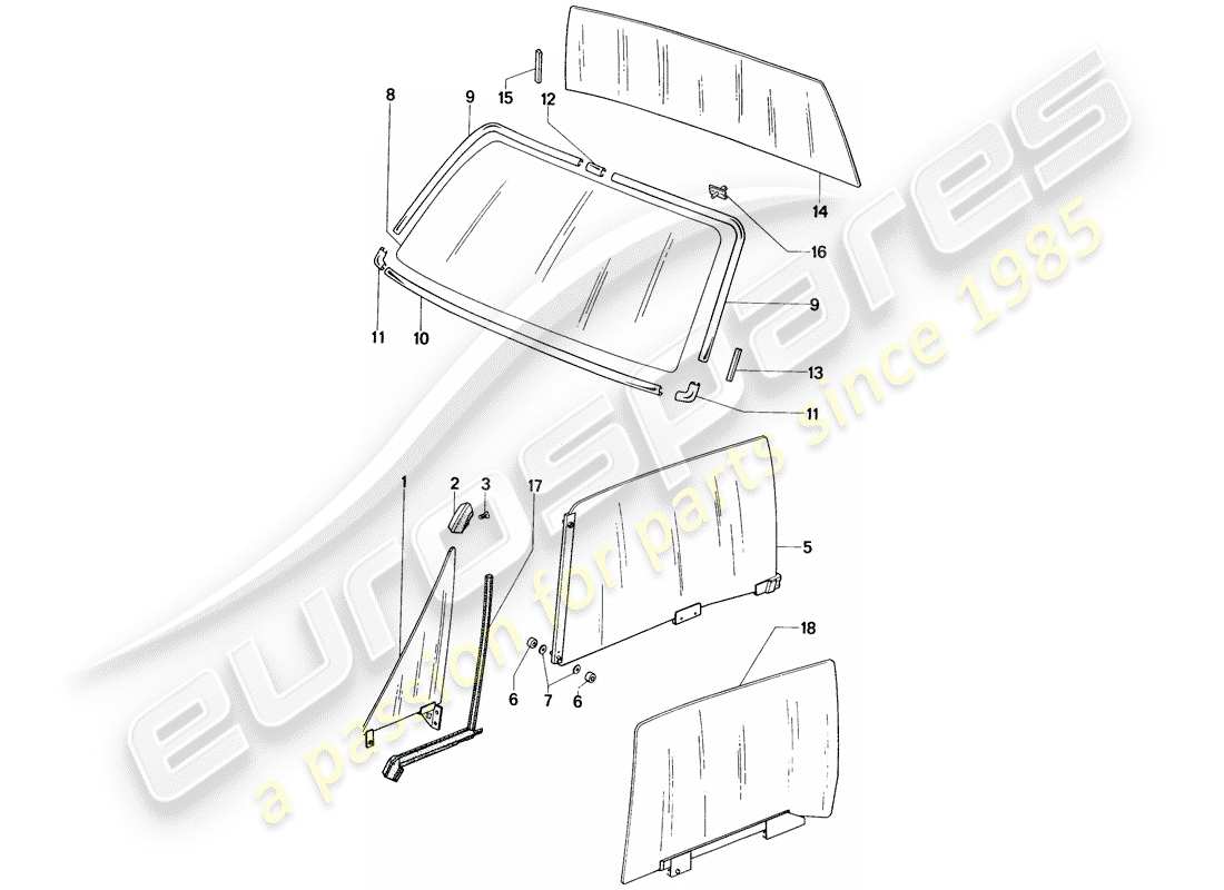 porsche 1973 (914) window glasses part diagram