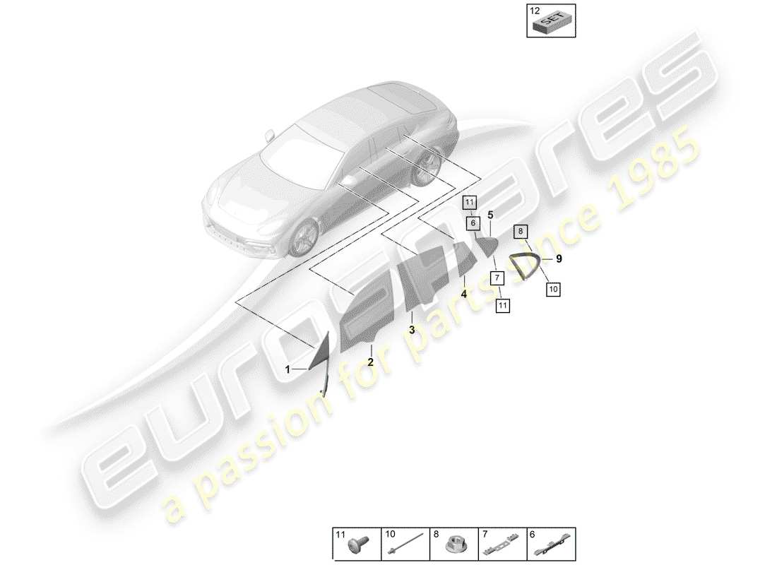 porsche 2017 (panamera 971-1) door and side window part diagram