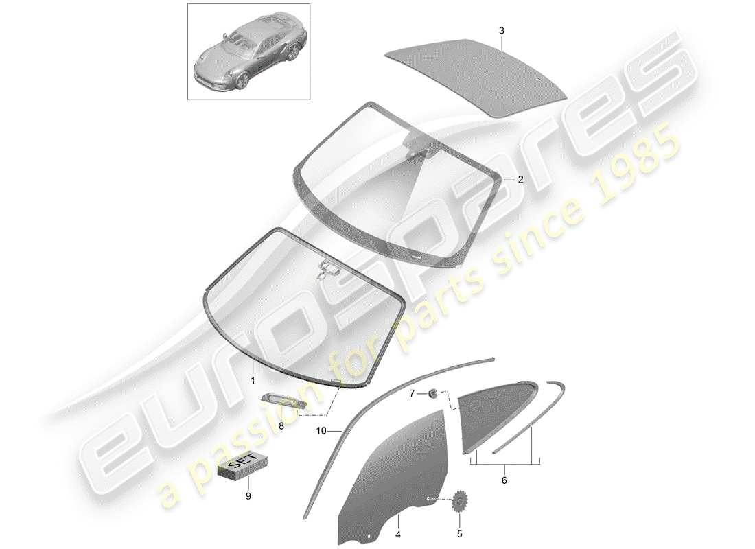 porsche 991 turbo (2017) windshield glass part diagram