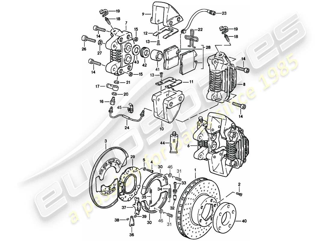 porsche 1985 (911) disc brakes - rear axle part diagram