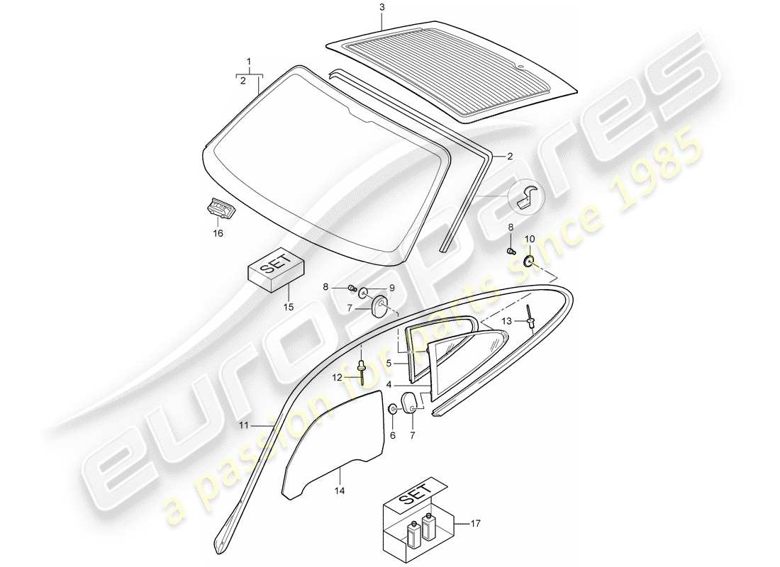 porsche 2007 (997-1 turbo / gt2) window glazing parts diagram