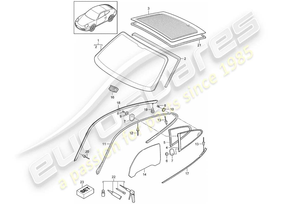 porsche 2009 (997-2) window glazing part diagram
