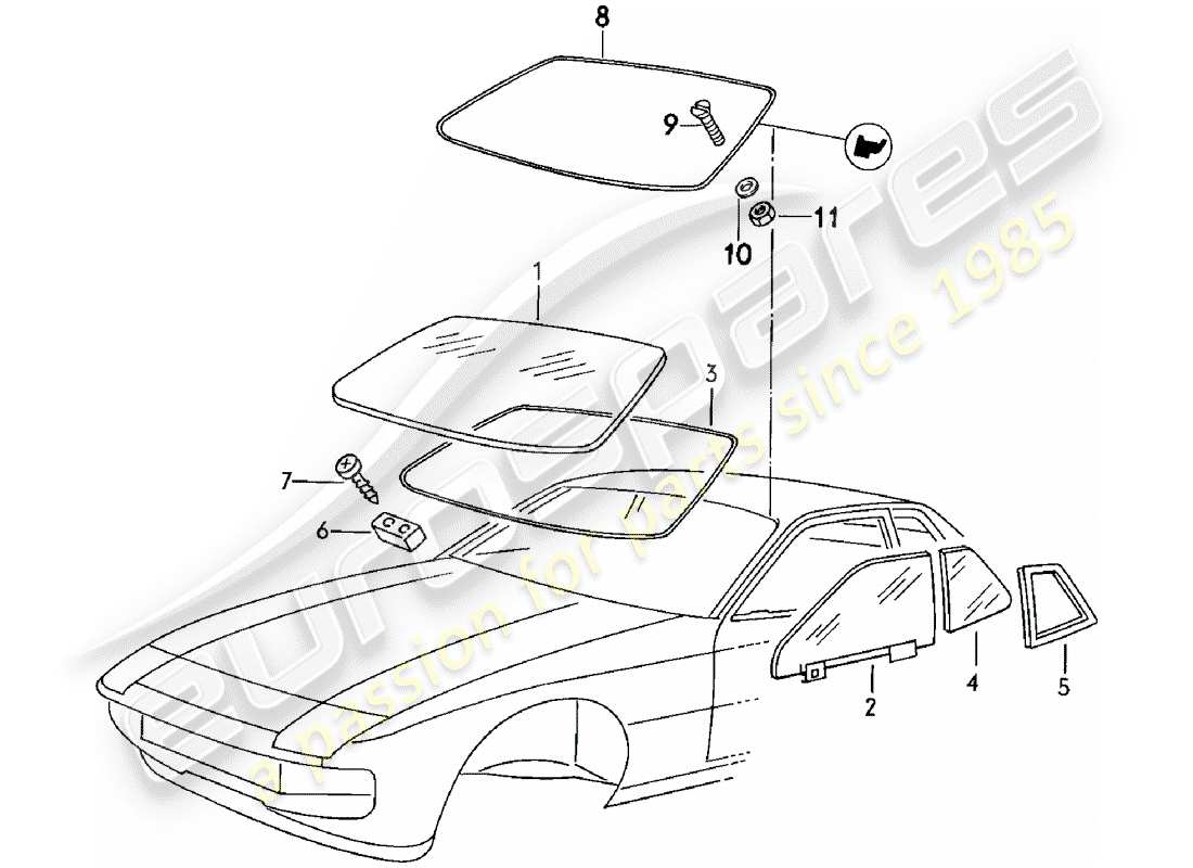 porsche 1985 (924) window glazing part diagram