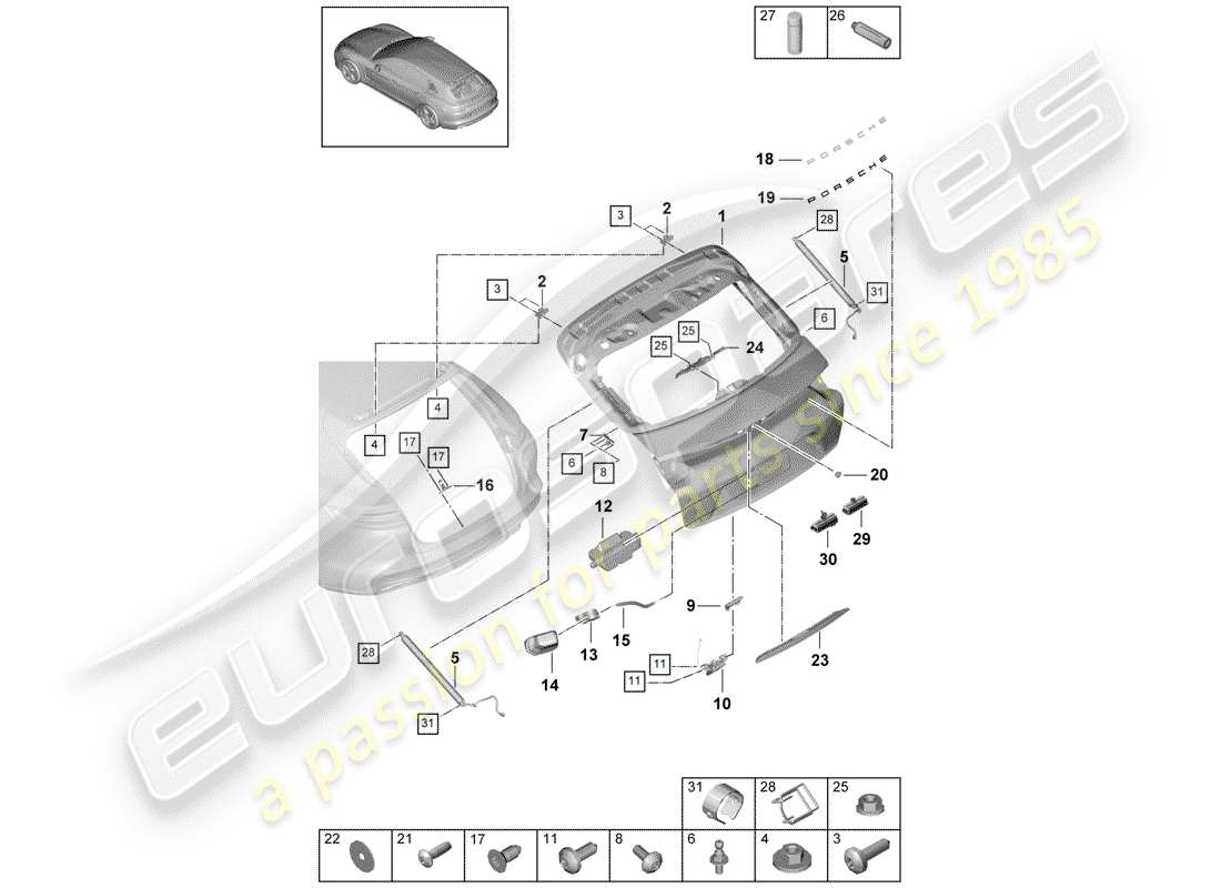 porsche 2020 (panamera 971-1) rear trunk lid part diagram
