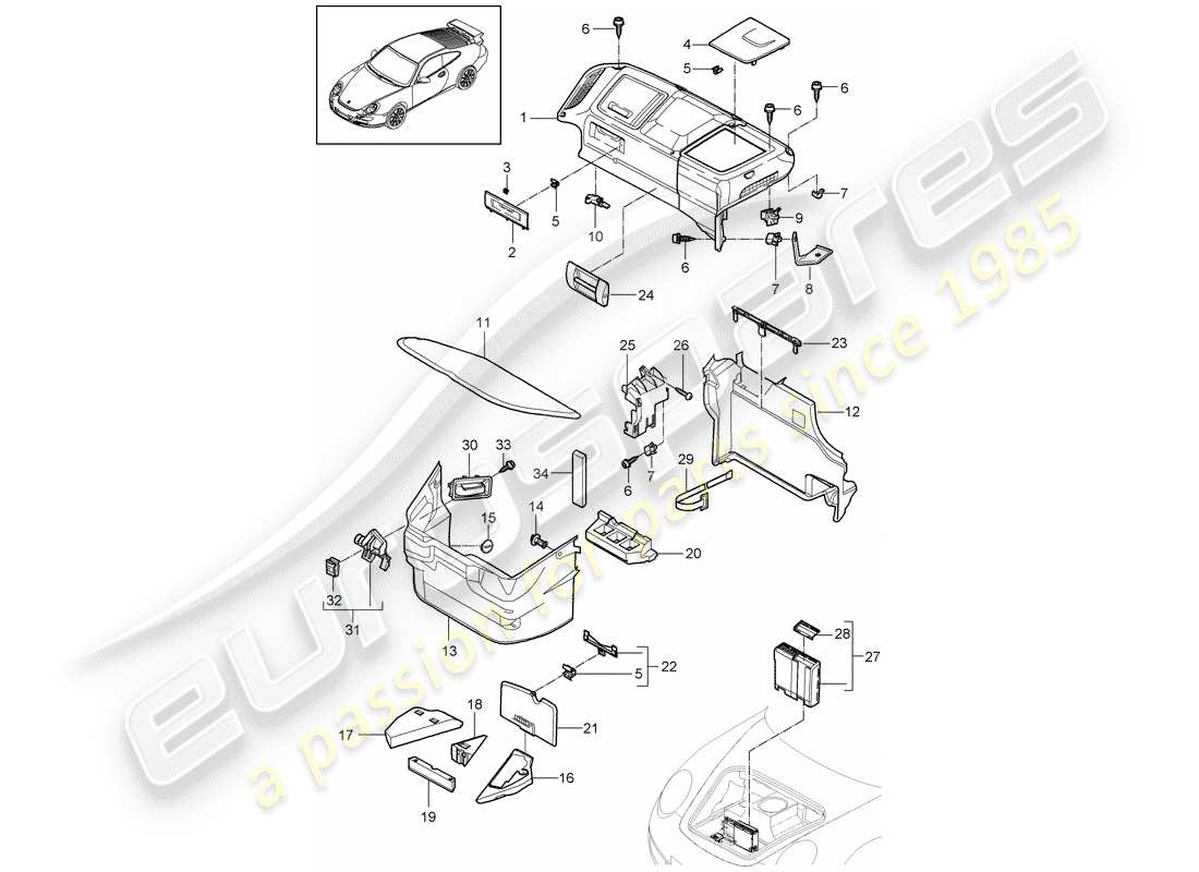 porsche 2008 (997-1 gt3) luggage compartment part diagram