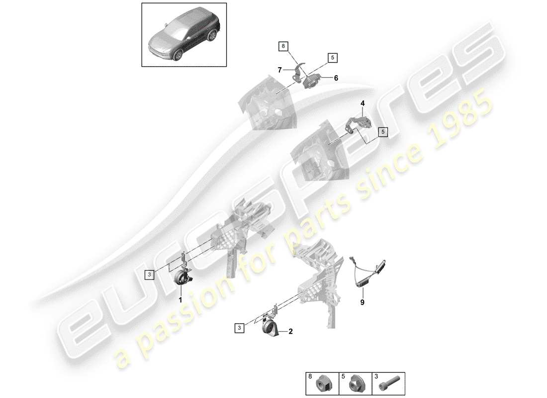 porsche 2018 (cayenne e3 9ya/9yb) fanfare horn part diagram