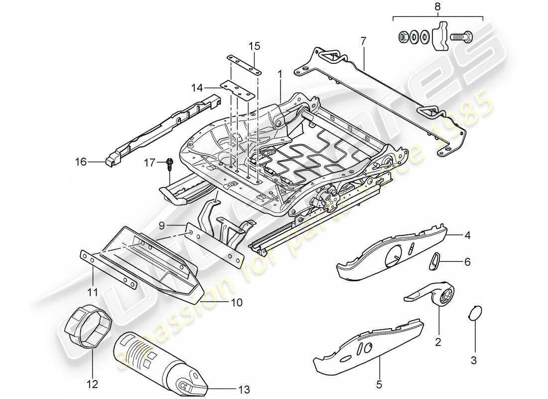 porsche 2007 (997-1 turbo / gt2) seat frame parts diagram