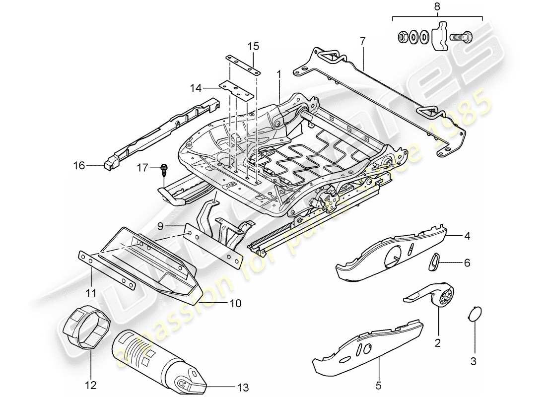 porsche 2007 (997-1 gt3) seat frame part diagram