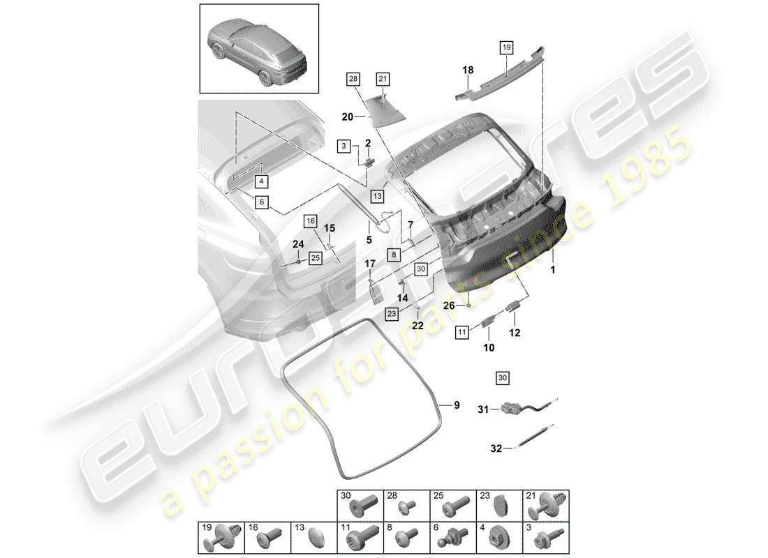porsche 2019 (cayenne e3 9ya/9yb) rear trunk lid part diagram