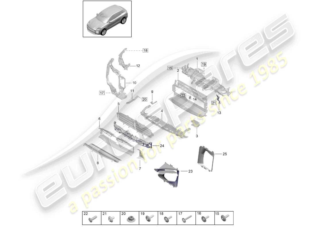 porsche 2019 (macan) carrier turbo cooler for coolant air guide and lock carrier part diagram