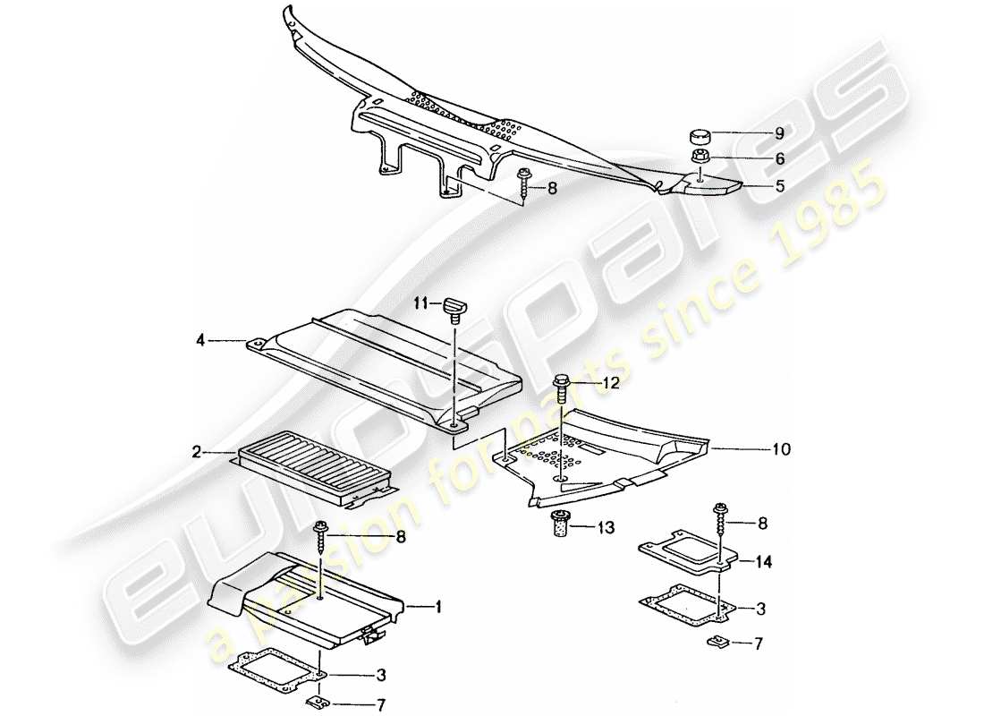 porsche 2001 (996 gt3) dust and pollen filter element - covers - cowl part diagram