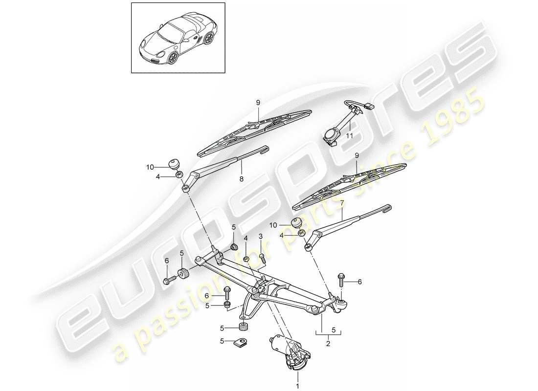 porsche 2011 (987 boxster) windshield wiper system compl. part diagram