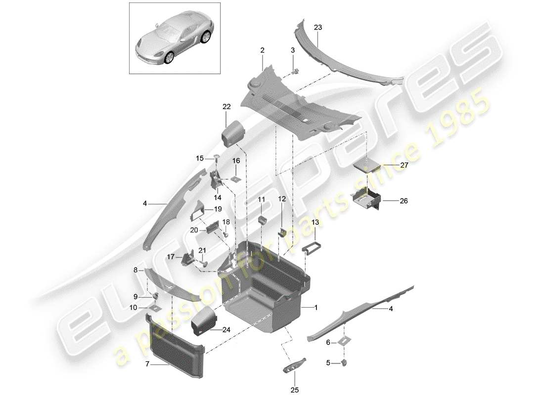 porsche 2017 (718 cayman) boot lining part diagram