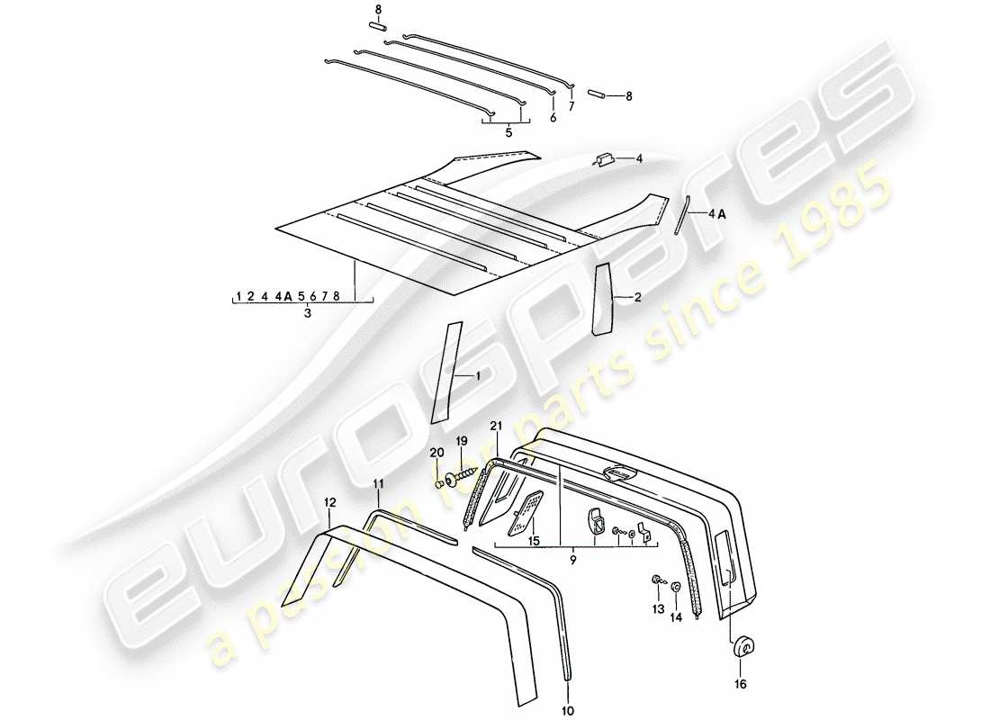 porsche 1987 (911) interior equipment - roof - roll bar part diagram
