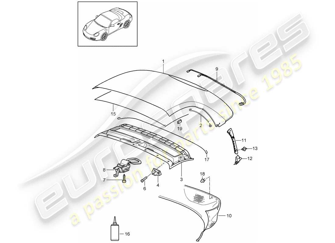 porsche 2011 (987 boxster) convertible top covering part diagram