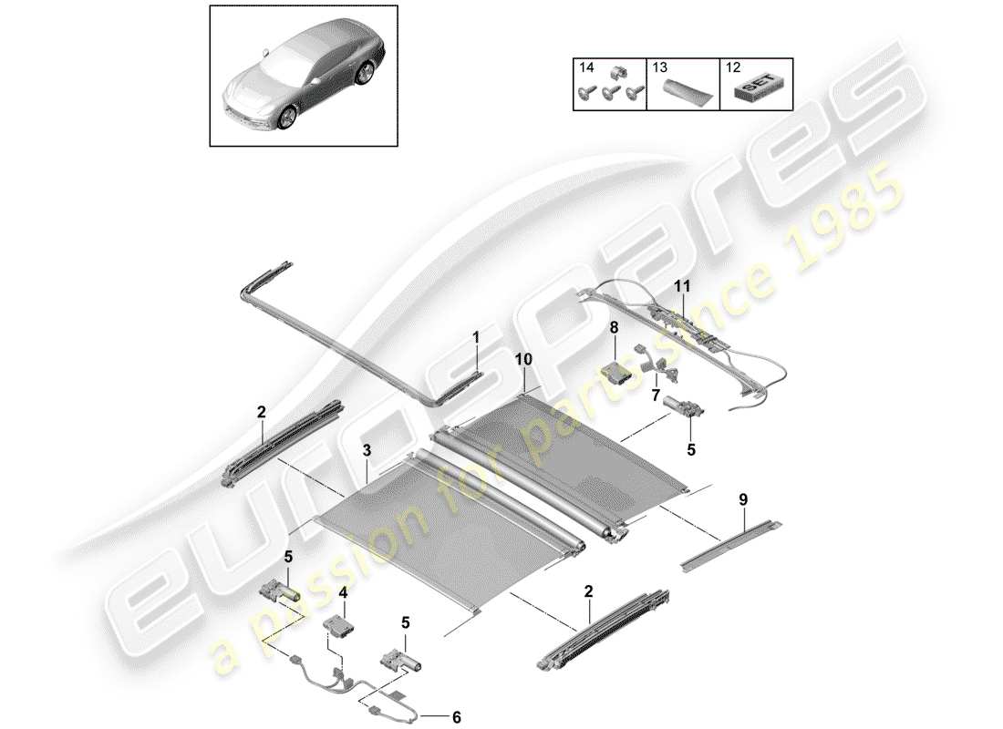 porsche 2017 (panamera 971-1) glass sliding roof part diagram