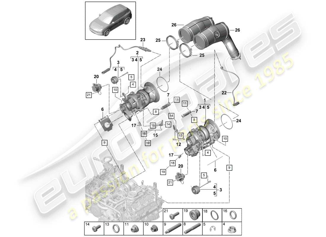 porsche 2018 (cayenne e3 9ya/9yb) exhaust gas turbocharger part diagram