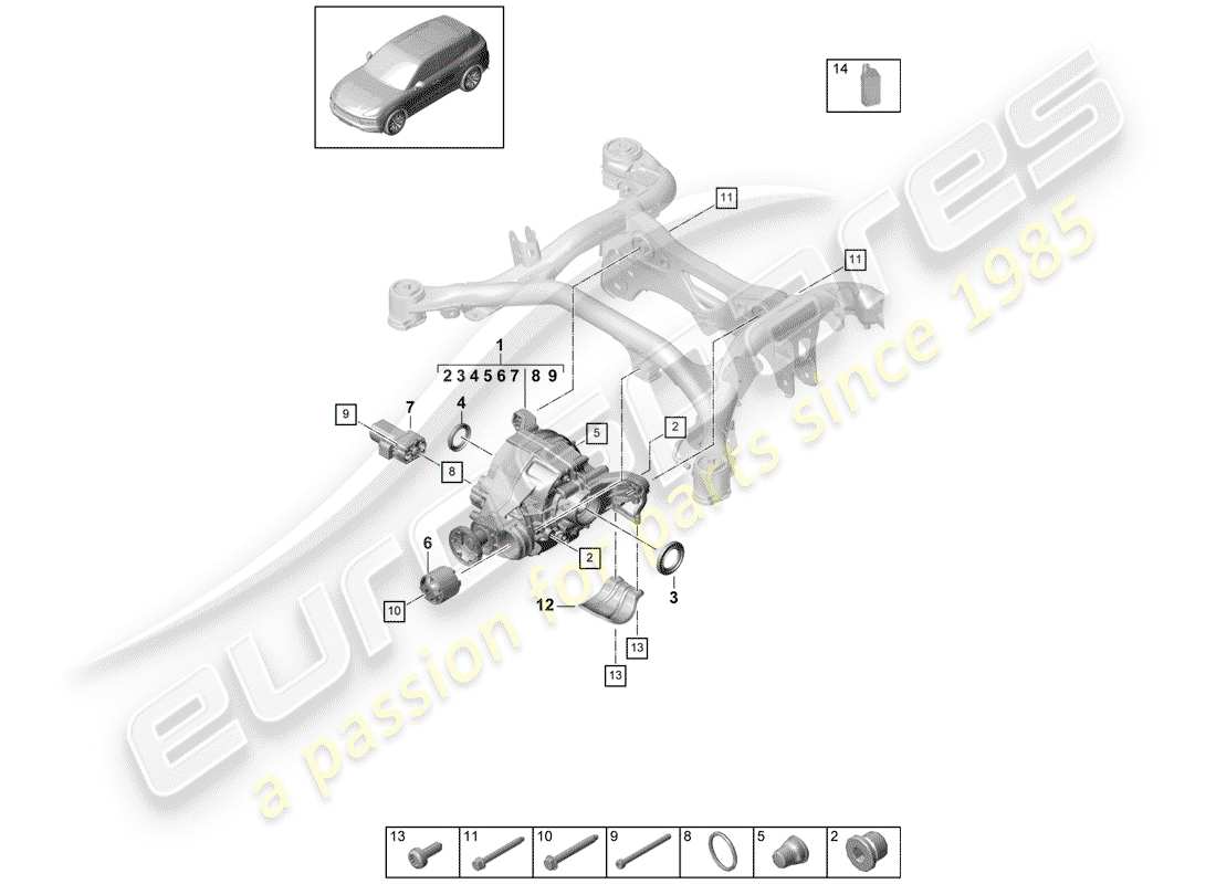 porsche 2018 (cayenne e3 9ya/9yb) rear axle differential part diagram