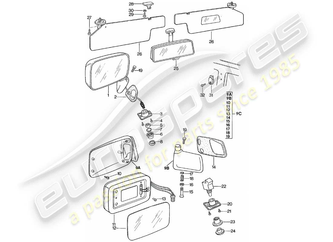 porsche 1981 (924) rear view mirror - rear view mirror inner - sun vizor part diagram