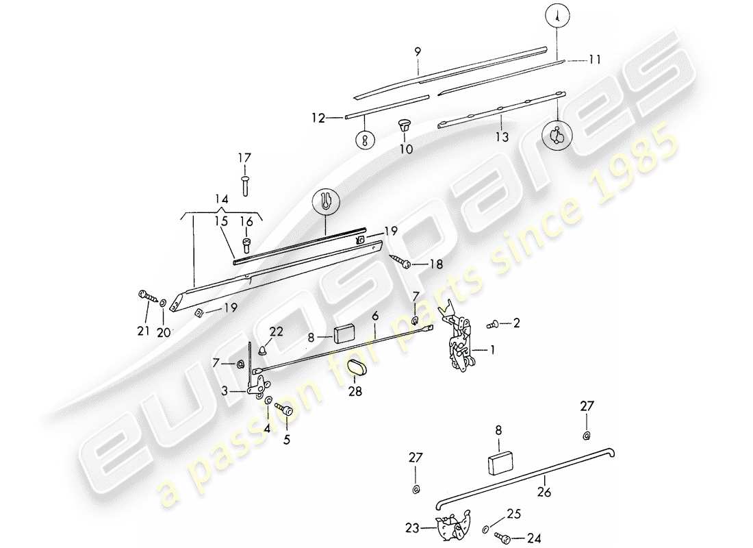 porsche 1970 (911) door latch - with installation parts part diagram