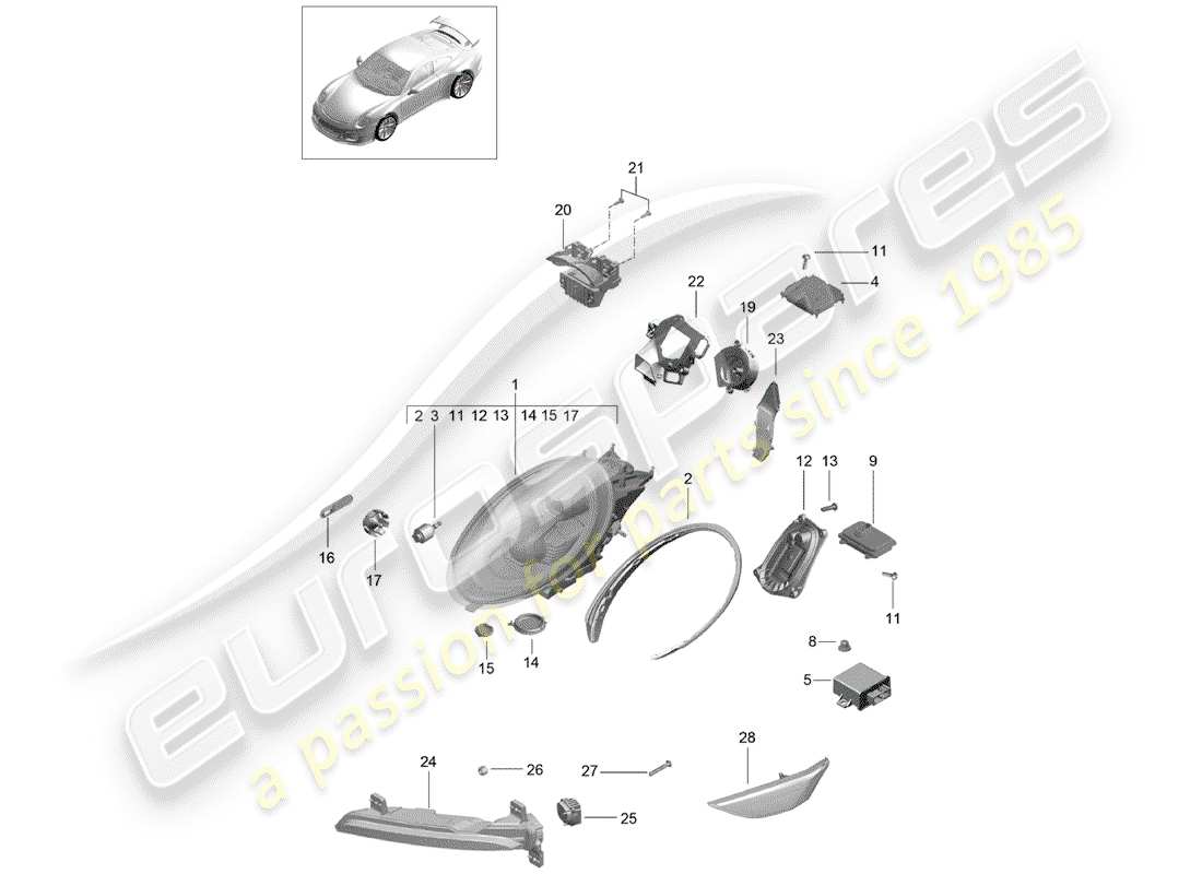 porsche 2020 (991-2 r/gt3/rs) headlamp part diagram