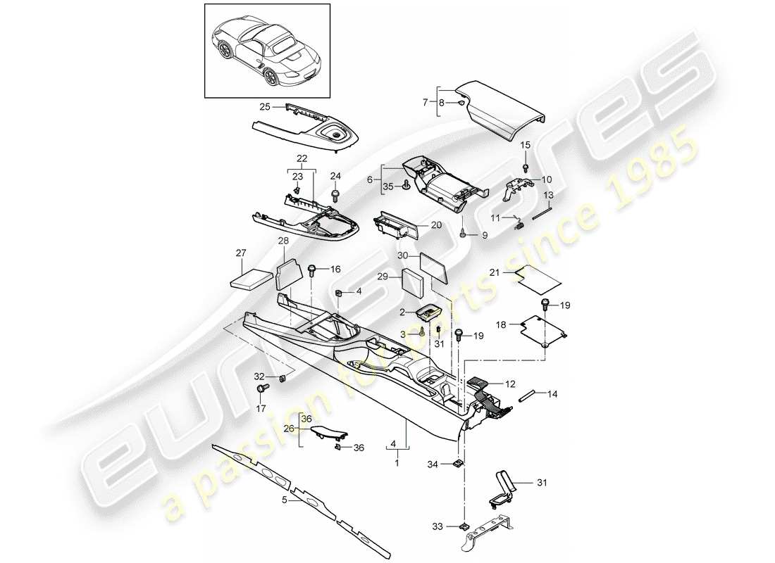 porsche 2011 (987 boxster) center console part diagram